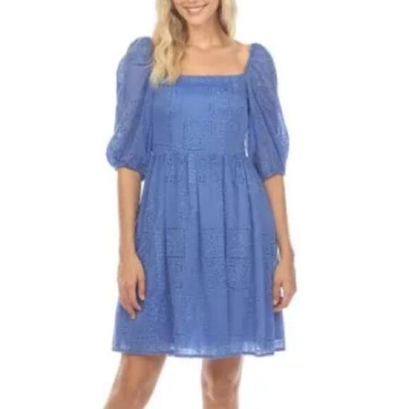 Johnny Was Love Ella Eyelet‎ Embroidered Mini Dress Boho Chic Blue S NWT IN PKG - Picture 1 of 4